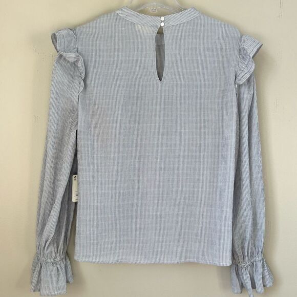 A.N.A. New Long Sleeve Peasant Boho Gray Striped Ruffle High Neck Blouse Top - Picture 7 of 16